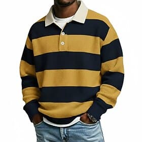 Men's Horizontal Stripes Waffle Polo Shirts Rugby Polo Rugby Polo Shirts Long Sleeve Polo Shirts Lapel Sportswear Casual School Athleisure Daily Wear 3D Print
