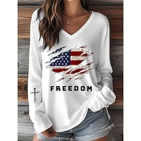 Independence Day Patriotic Women's T Shirt Graphic Letter Vintage Stylish Classic Long Sleeve V Neck Regular Tops Daily Print Blue Black White Red Summer Sprin
