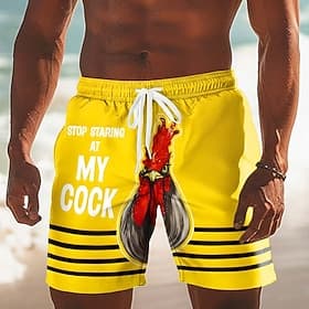 Men's Animal Chicken Funny Slang Swim Trunks Swim Shorts Board Shorts Mid Waist Funny Hawaiian Beach Vacation Wear Side Pockets Mesh Lining Elastic Drawstring