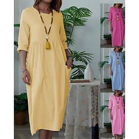 Damen Midikleid Kunstbaumwollleinen Shiftkleid Freizeitkleid Elegant Mode Modern Täglich Urlaub Ausgehen Lässiger Schnitt Einfach Dreiviertelarm Rundhalsaussch
