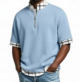 Men's Polo Shirts Casual Holiday Standing Collar Short Sleeve Basic Modern Plaid Color Block Buttons Summer Spring Blue Navy Blue Purple Brown Green Polo Shirt