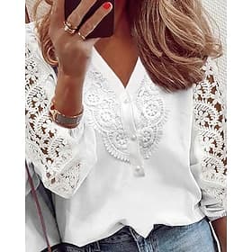 Women's Blouse Hollow Out Buttons Plain Elegant Stylish Long Sleeve V Neck Regular Tops Daily Holiday Going out White Summer Spring Fall