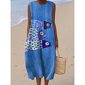 Women's Midi Dress Linen Like Sundress Shift Dress A Line Dress Vacation Casual Boho Beach Going out Loose Fit Graphic Animal Sleeveless Crewneck Blue Black Sk