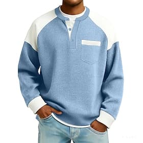 Homme Tee-shirt Gaufre T-shirt manche longue Henley Automne Hiver Automne Toutes saisons Couleur Unie Texturé Traditionnel / Vintage Occasionnel Patchwork Occ