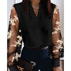 Women's Shirt Elegant Satin Top Blouse Lace Patchwork Color Block Plain Casual Long Sleeve V Neck Regular Tops Daily Holiday Going out Blue Black White Dark Gr