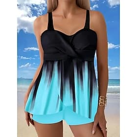 Women's Tankini 2 Piece Swimsuit Shorts Tummy Control High Waist Slim Backless Vacation Beach Wear Ombre Striped V Neck Sleeveless Bathing Suits