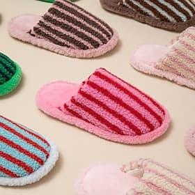 Cotton Slippers for Women Closed Toe Color Block Plush Striped Furry Indoor Home Soft Cozy House Slippers