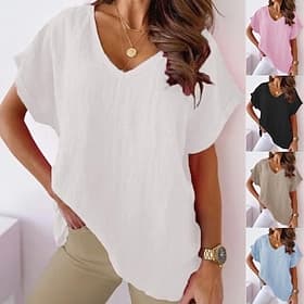 Women's Solid Color Plain Elegant Bohemia Vintage Short Sleeve V Neck Regular Tops Daily Blue Black White Pink khaki Summer Spring Fall Winter