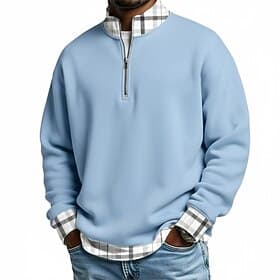 Herren Karomuster Poloshirts mit Reißverschluss Langarm Polo-Shirts Großvaterkragen Lässig Schule Athleisure Ferien Alltagskleidung 3D-Druck Viertelreißverschl