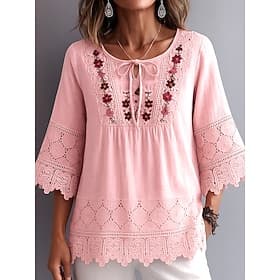 Women's Popover Shirt Casual Shirt Blouse Ruched Lace Patchwork Plain Elegant Fashion Streetwear 3/4 Length Sleeve Crew Neck Tie Neck Regular Tops Outdoor Holi