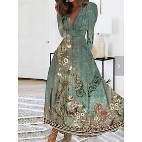 Damen Maxikleid A Linie Kleid Urlaub Lässig Outdoor Ausgehen Normale Passform Blumen Grafik Langarm V Ausschnitt Blau Weiß Grün Sommer Frühling Herbst
