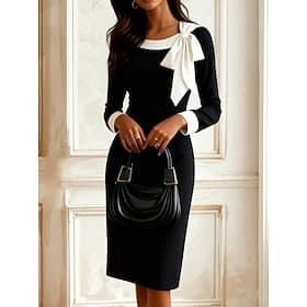 Femmes Robe Midi Robe moulante cocktail Robes semi-formelles Bureau Coupe régulière Graphique manche longue Col ras du cou Noir Blanche Rouge Été Automne