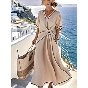 Damen Langes Kleid Maxikleid Freizeitkleid Modern Täglich Büro Urlaub Lässiger Schnitt Einfach Kurzarm V Ausschnitt Blau Khaki Sommer Frühling Herbst