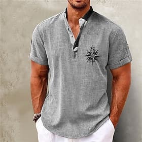 Men's Shirt Linen Shirt Beach Shirt Graphic Prints Outdoor Vacation Pink Green Khaki Gray Short Sleeve Stand Collar Summer Spring Clothing Apparel Print