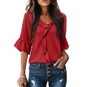 Women's Shirt Elegant Satin Top Blouse Ruched Ruffle Patchwork Plain Elegant Vintage Daily Long Sleeve V Neck Regular Tops Daily Work Holiday Black White Red G