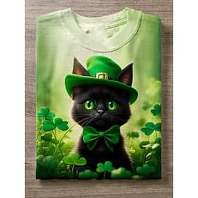 St. Patrick's Day Damen T-Shirt Grafik Katze Shamrock Vintage Stylisch Klassisch Kurzarm Rundhalsausschnitt Reguläre Oberteile Täglicher Druck Hellgrün Grün So