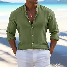 Men's Shirt Summer Shirt Beach Wear Button Up Shirt Plain Casual Daily Black Pink Orange Green Long Sleeve Collarless Spring Summer Summer Clothing Apparel Pl
