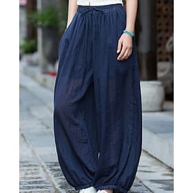 Women's Cotton Linen Pants Chinos Summer Pants Streetwear Basic Casual Full Length Medium Waist Plain Drawstring Pocket Comfort Inelastic Daily Outdoor Street
