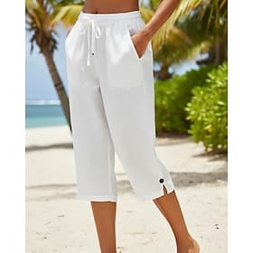 Women's Cotton Linen Shorts Capri Pants Chinos Summer Shorts Streetwear Basic Casual Calf-Length Medium Waist Plain Drawstring Pocket Comfy Stretchy Daily Outd