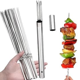 Stainless Steel 304 Barbecue Skewer 35cm / 13.8inch Long Flat Kebab Skewers with Portable Metal Storage Tube Wide Reusable Grilling BBQ Sticks for Meat Shrimp