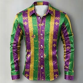 Heren Mardi Gras carnavalshemd met grafische strepen en maskerprint, satijnen shirt – klassieke gestreepte festivalstijl