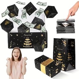Surprise Jumping Box Birthday Gift Box with Money and Confetti - Fun Pop-Up Design, Black with Golden Accents, Perfect for Birthday or Special Occasions, Celeb