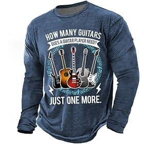 How Many Guitars Does A Guitar Player Need Just One More Funny Slogan Long Sleeve T-Shirt Mens Vintage Musical Instruments Graphic Tee Humorous Guitarist Dad G