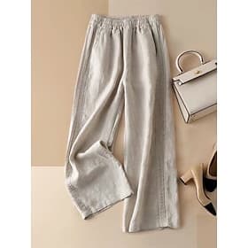 Women's Cotton Linen Pants Trousers Summer Pants Baggy Pants Vacation Basic Casual Full Length High Waist Plain Pocket Wide Leg Elastic Waistband Soft Comforta