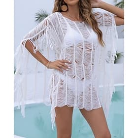 Women's Swimwear Cover Up Swim Dress Swimsuit Cut Out Fringe Vacation Beach Wear Solid Color Off Shoulder Short Sleeves Bathing Suits