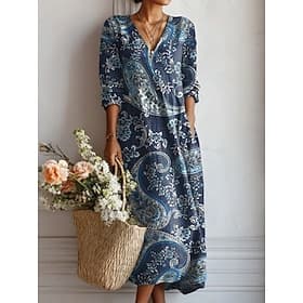 Robe Maxi Femme Lin Comme Respirant Léger Robe d'Été Robe A Ligne Vacances Casual Boho Vacances Ajustement Régulier Imprimé Floral Bloc Couleur Manches Longues