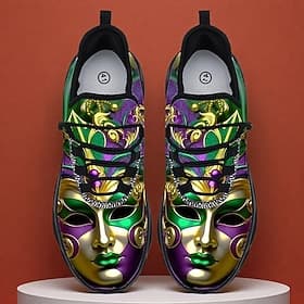 Men's Mardi Gras Vibrant Carnival Sneakers with Mask and Confetti Design – Bright, Comfortable Footwear for Parades, Parties and Festivals