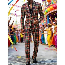 Men's BlazerDress Pants Blazer Suits Business Work Evening Party Elegant Neutral Fall Winter Terylene Plaid 2 Piece Single Breasted Blazer Red