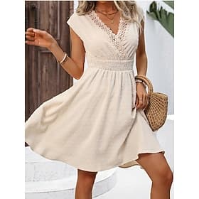 Femmes Mini Robe Robe trapèze Robe d'été Occasionnel Quotidien Coupe régulière Uni Manche Courte Col en V Abricot Été