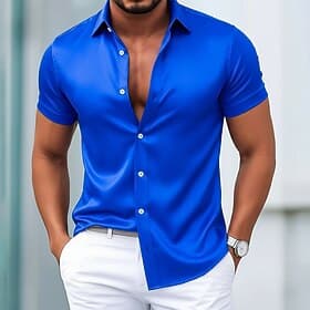 Men's Dress Shirt Satin Silk Shirt Solid Color Daily Outdoor Light Blue Black White Wine Short Sleeve Turndown Summer Spring Clothing Apparel Plain