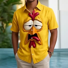 Men's Rooster 3D Cartoon Smile Face Shirt Button Up Shirt Short Sleeve Funny Holiday Summer Spring Turndown 3D Print Collared Shirts Orange yellow Yellow Orang
