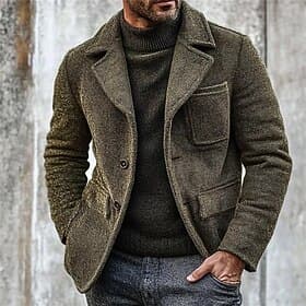 Men's Blazer Jacket Casual Business Work Elegant Warm Fall Winter Polyester Solid Color Single Breasted Blazer Army Green