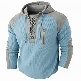 Homme Tee-shirt Gaufre T-shirt T-shirt Henley gaufré manche longue À capuche Col à lacets Automne Couleur Unie Texturé Traditionnel / Vintage Cordon de serrage