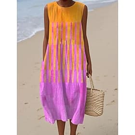 Women's Midi Dress Linen Like Sundress Shift Dress A Line Dress Vacation Casual Boho Beach Going out Loose Fit Graphic Geometric Sleeveless Crewneck Black Yell