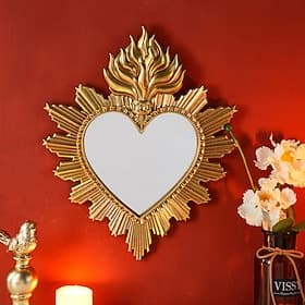 Wandspiegel met vlammend heilig hart, handgemaakt hangend ornament met vlammend heilig hart, wanddecoratie in Europese stijl voor woonkamer, slaapkamer, studee