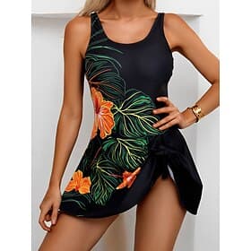 Bañador de una pieza de mujer con falda ropa de playa de vacaciones gráfico floral cuello en U sin mangas