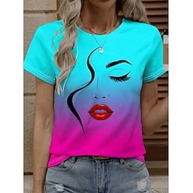 Damen T Shirt Sommeroberteile Druck Grafik Farbverläufe Klassisch Lässig Kurzarm Rundhalsausschnitt Rundhals Normale Oberteile Täglich Wochenende Blau Weiß Ros