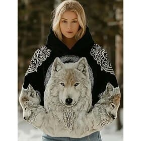 Women's Viking Pullover Hoodie Sweatshirt Graphic Animal Geometric Vintage Casual Boho Long Sleeve Hooded Regular Tops Casual Street Patchwork Print Front Pock
