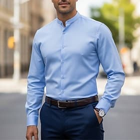Men's Shirt Dress Shirt Button Up Shirt Color Block Daily Business White Light Green Long Sleeve Mandarin Collar All Seasons Clothing Apparel