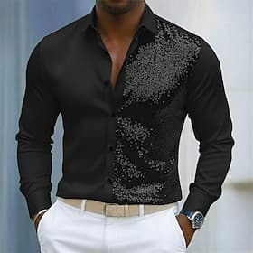 Men's Shirt Summer Shirt Casual Shirt Beach Shirt Button Up Shirt Black White Long Sleeve Solid Color Lapel Casual Daily Sequins Clothing Apparel Fashion Casua