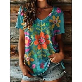 Women's T Shirt Print Floral Graphic Vintage Stylish Casual Short Sleeve V Neck Regular Tops Daily Blue Pink Purple Summer Spring
