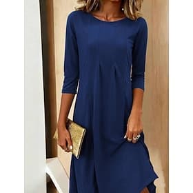 Mulheres Vestido midi Vestido de turno Casual Diário Ajuste Largo Tecido Manga 3/4 Gola Redonda Preto Vinho Verde Azul Escuro Verão Primavera Outono