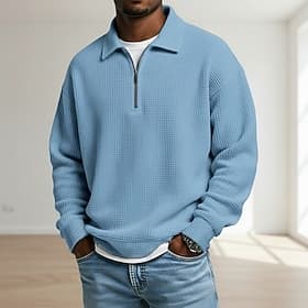 Herren Waffel-Poloshirts Textur Lässig Outdoor Reißverschluss Viertelreißverschluss Langarm Mode Modern Einfarbig Texture Gestrickt Frühling Herbst Ganzjahres