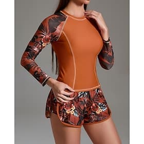 Women's Rash Guard Bathing Suit 2 Pieces Tropical Zip Up Ultra Light (UL) UV Protection Elastic Long Sleeve Swimwear Surfing Snorkeling Spring