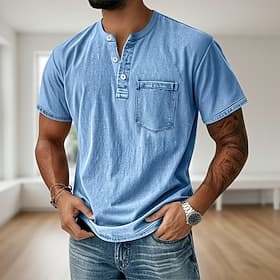 SoftFade™ Men's Henley Shirt 100% Cotton Acid Wash Shirt T shirt Tee Short Sleeve Solid Retro Vintage Casual Vintage Style Washed Henley Casual Summer Spring F