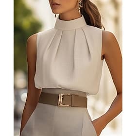 Mulheres Camisa Social Elegant Cetim Tops de verão Franzido Pregueado Patchwork Côr Sólida Tecido Elegante Vintage senhoras Sem Manga Gola Alta Tops regulares